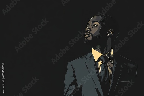 minimalistic design Illustration of a black man in a suit, black background, generated with AI, fictional character, the extreme right third of an image, on the 
