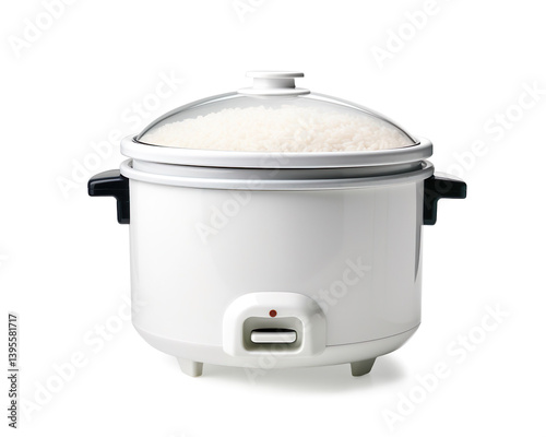 Rice cooker filled with rice on a transparent background
