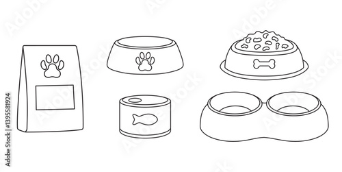 set vector illustration of different types of pet bowls, dry and wet food, simple linear icons, doodle and sketch style, hand-drawn, isolated on a white background