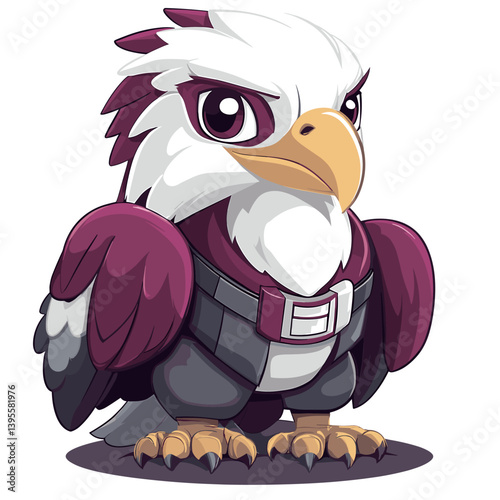 Tough cartoon eagle character with white feathers and maroon wings, wearing a utility belt. Strong and bold vector mascot with a heroic and determined expression
