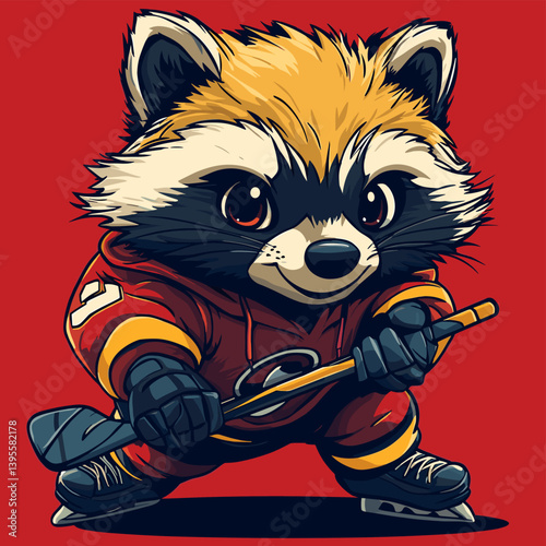 Energetic cartoon raccoon in a red hockey uniform holding a stick, ready to play. Cute and sporty vector character design with dynamic pose and playful expression