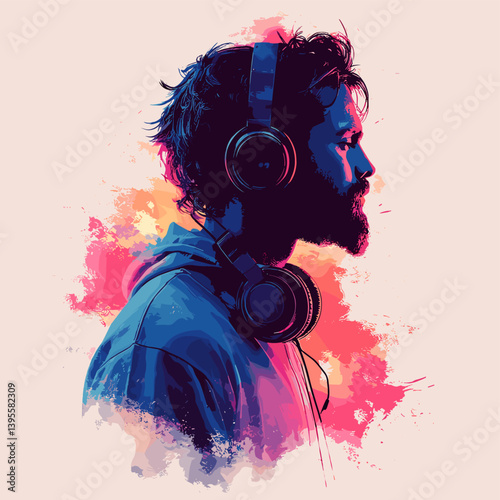 A profile view of a man wearing headphones, surrounded by vibrant color splashes, immersed in music. 