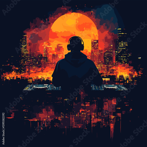 A DJ wearing headphones is mixing music in front of a vibrant sunset skyline. The city lights glow in the background