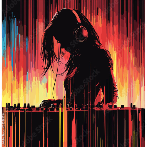A female DJ is focused on her performance, with headphones on and a vibrant, colorful background that captures the intensity and energy of her music, blending digital and artistic elements in a dynami
