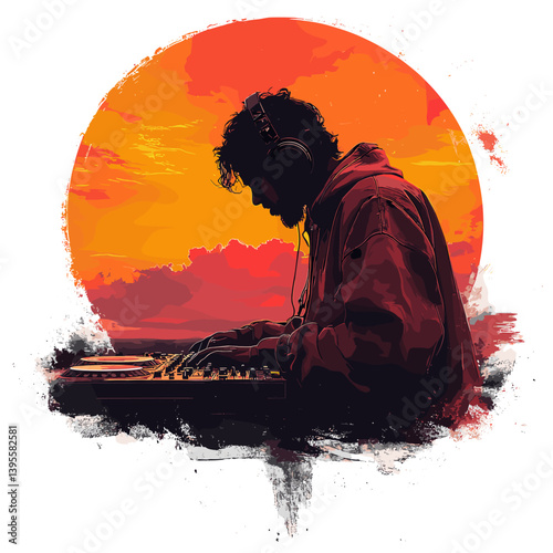 A DJ wearing headphones focuses on his mixing console with a vibrant sunset background, creating a dynamic and colorful atmosphere that reflects his dedication to his craft