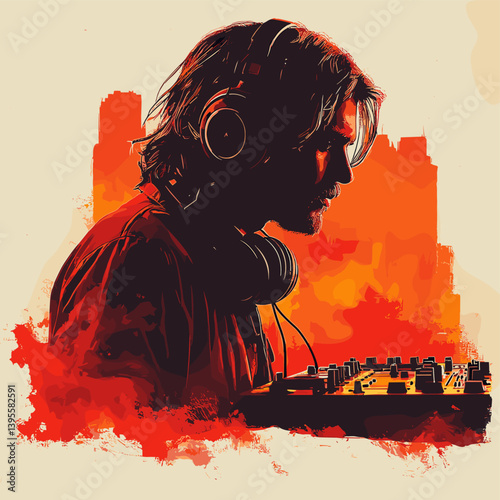A DJ wearing headphones is deeply immersed in mixing music, with fiery red and orange colors around him, creating an intense atmosphere, showcasing the energy of the music scene