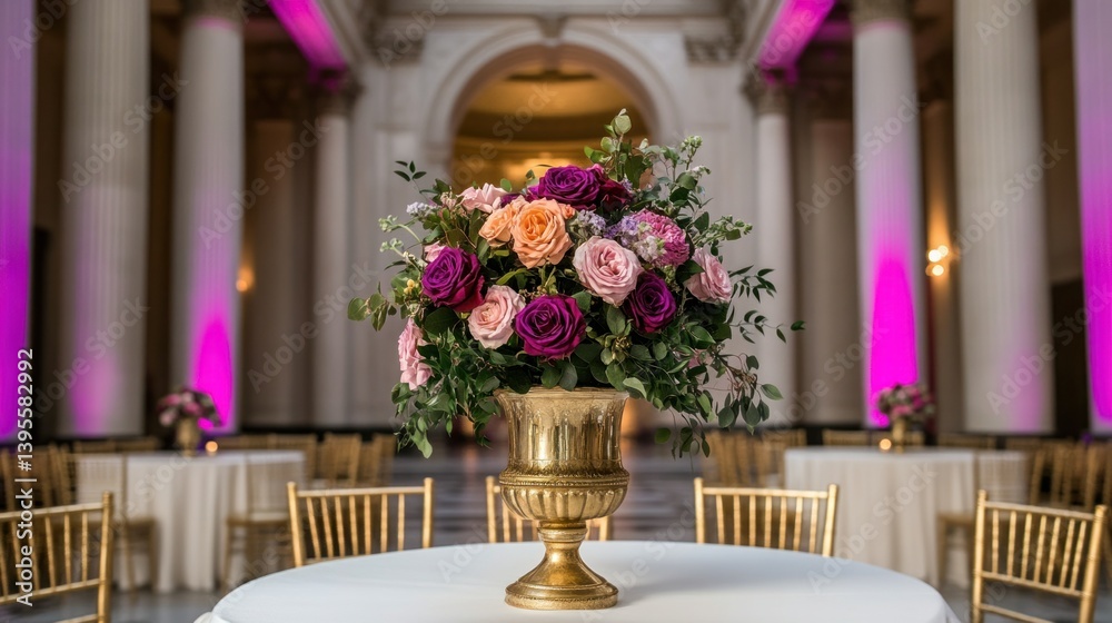 A stunning floral arrangement displayed in an elegant banquet hall A stunning floral arrangement displayed in an elegant banquet hall