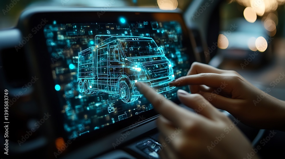 Digital Truck Logistics: Innovative Software Solution Displayed on Tablet, Enhancing Transportation Efficiency and Supply Chain Management.
