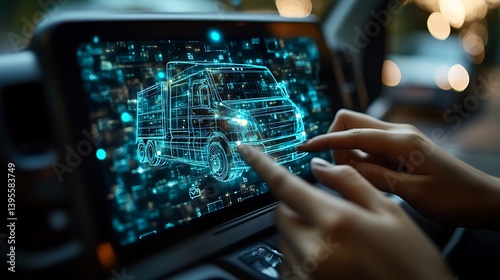 Obraz na płótnie Digital Truck Logistics: Innovative Software Solution Displayed on Tablet, Enhancing Transportation Efficiency and Supply Chain Management. w salonie
