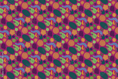 Seamless vector pattern design featuring colorful abstract circles and dots in a bright retro style for textile wallpaper