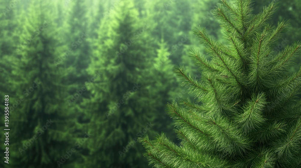 Fototapeta premium Lush Green Pine Tree Branches in Misty Forest