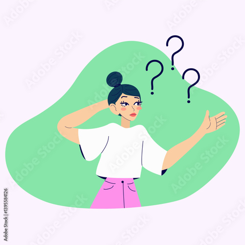 Confused person. Young girl doubts and has a question. Cartoon isolated vector illustration