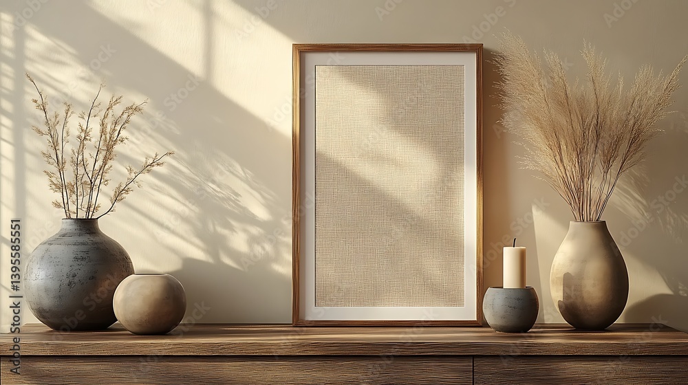 Elegant Artwork Display: Minimalist Home Decor with a Wooden Frame, Vases, Candle, and Warm Lighting for Tranquil Interior Design.