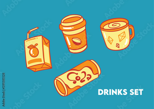 illustration of water with a bottle, juice box, and a cup orange palette with blue background