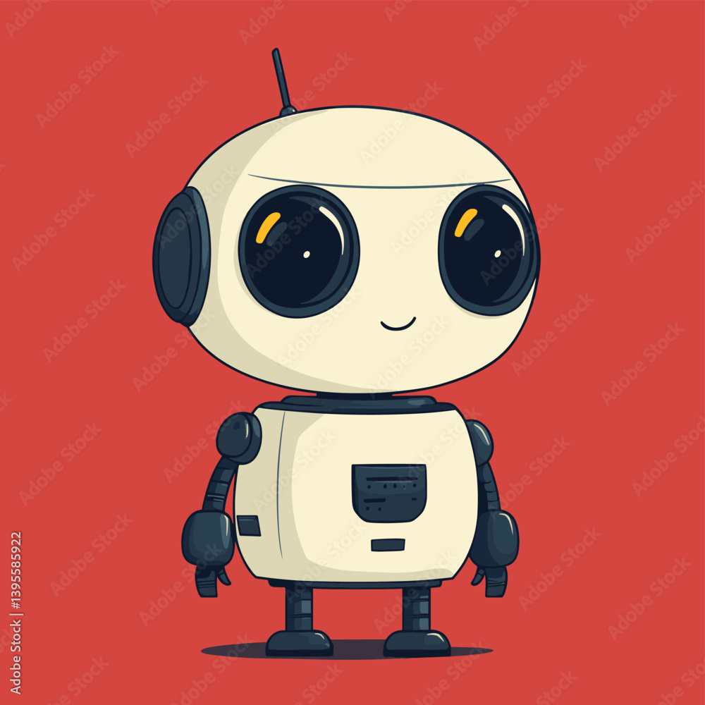 Cute white cartoon robot with big shiny eyes and a small smile, standing against a red background in a friendly and minimalist futuristic vector style Cute white cartoon robot with big shiny eyes and a small smile, standing against a red background in a friendly and minimalist futuristic vector style