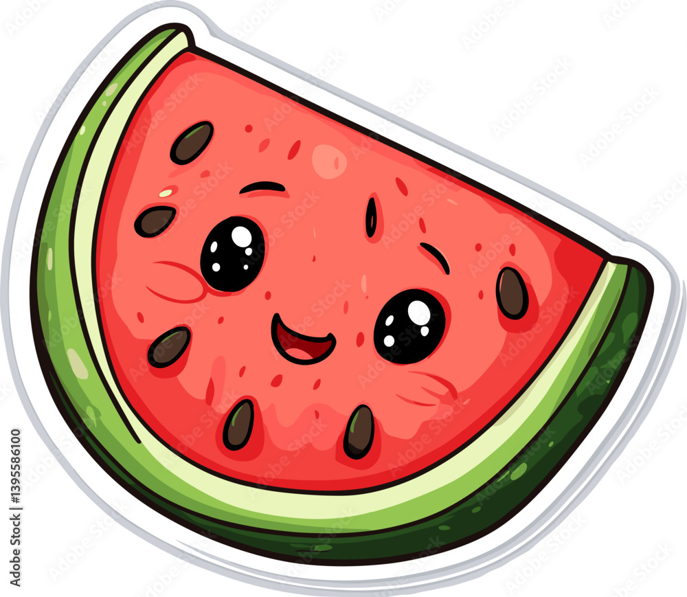 Smiling cartoon watermelon slice with sparkling eyes and cute cheeks, illustrated in a colorful kawaii style, perfect for summer-themed designs and fun stickers Smiling cartoon watermelon slice with sparkling eyes and cute cheeks, illustrated in a colorful kawaii style, perfect for summer-themed designs and fun stickers