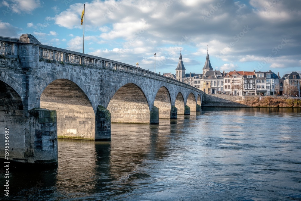 Maastricht: A Charming Cityscape with Historic Bridges and Scenic Water Views Under a Beautiful Sky Maastricht: A Charming Cityscape with Historic Bridges and Scenic Water Views Under a Beautiful Sky