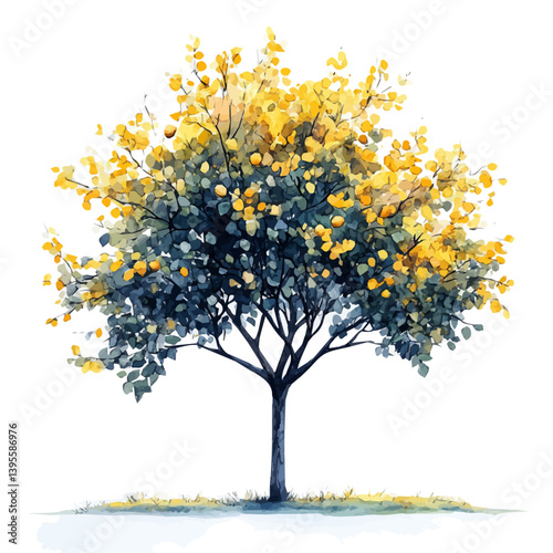 Hazelnut tree, watercolor illustration, isolated on a white background.

