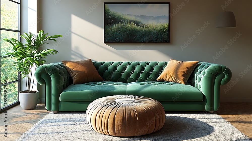 Elegant Interior Design: Green Chesterfield Sofa, Round Ottoman, Pillows, Plant, and Nature Artwork Creating a Cozy Home Ambiance.