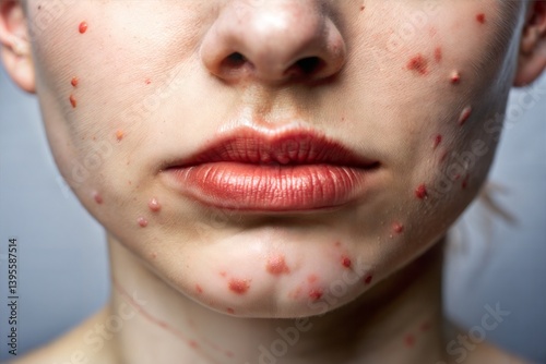 Close-up of a young woman's face with acne.