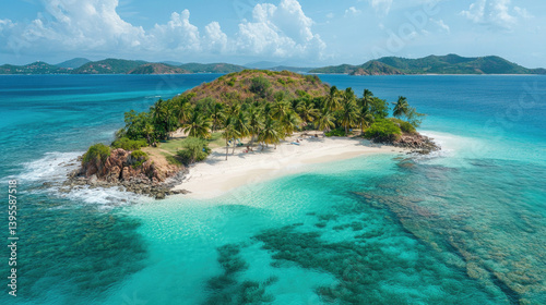 A secluded tropical island paradise with pristine white sand beach, lush palm trees, and vibrant turquoise waters under a sunny sky.