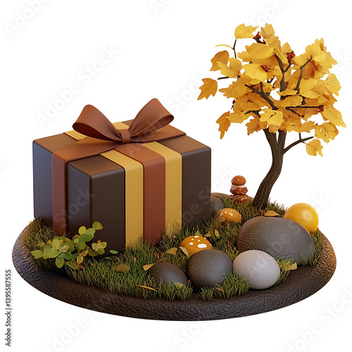 An autumnal scene featuring a gift, a small tree, and various decorative elements like eggs and stones on a dark surface