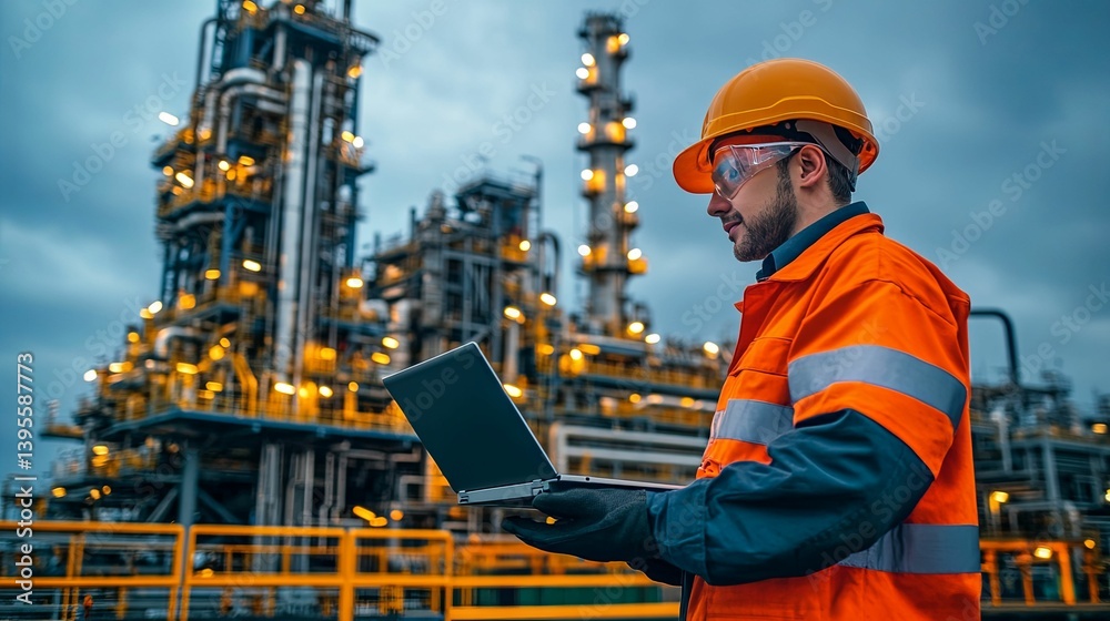 An engineer using a laptop stands in front of a plant An engineer using a laptop stands in front of a plant