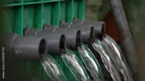 water flows from the fish pond filter pipe