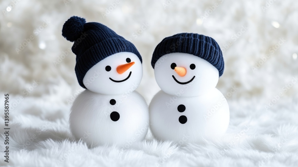 Two adorable snowmen, wearing matching navy blue hats, stand side-by-side on a white faux fur surface. They're positioned in a snowy, festive setting Two adorable snowmen, wearing matching navy blue hats, stand side-by-side on a white faux fur surface. They're positioned in a snowy, festive setting