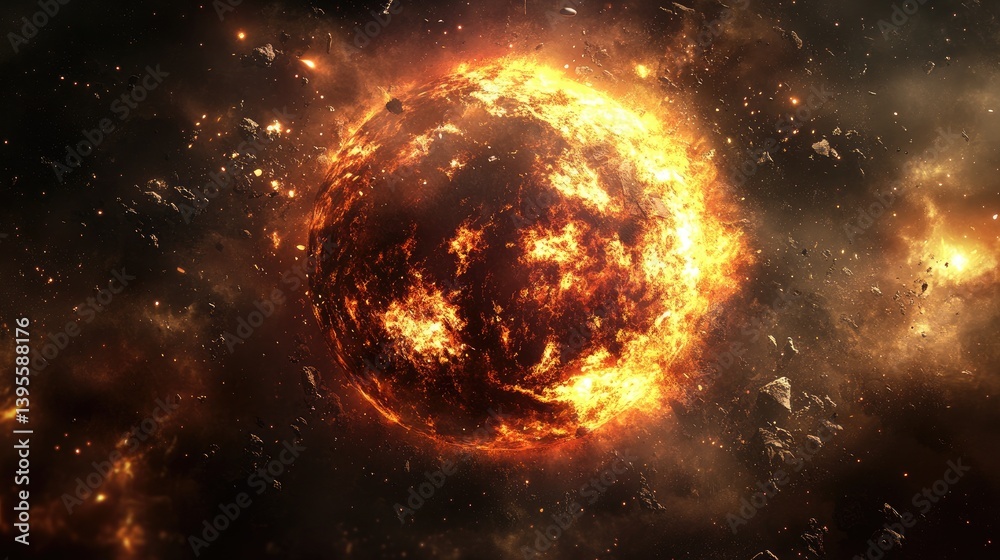 Fiery celestial body engulfed in cosmic destruction Fiery celestial body engulfed in cosmic destruction