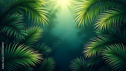 Lush tropical paradise vibrant green palm leaves bathed in sunlight creating a serene and tranquil