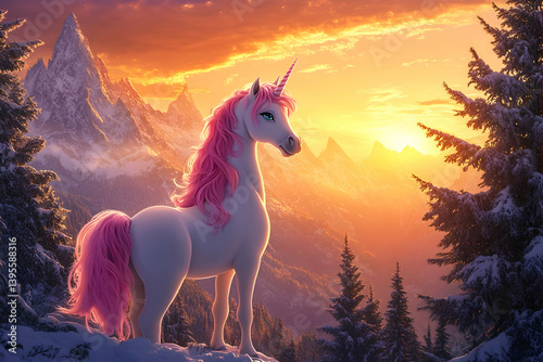 
A beautiful unicorn with a pink mane and tail, standing in front of snowy mountains at sunset, surrounded by pine trees.