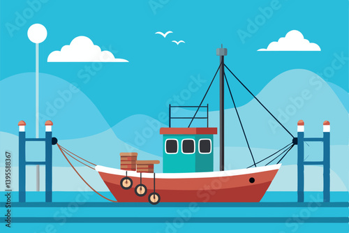fishing-boat-docked-at-a-pier-with-nets-and-rope.eps
