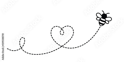 Flying bee with heart trail vector illustration. Black outline insect clipart for love, spring, kids, and Valentine's Day design.