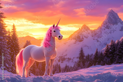 
A beautiful unicorn with a pink mane and tail, standing in front of snow-covered mountains at sunset.