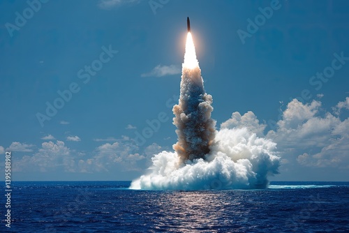 Nuclear war. Launch of a nuclear ballistic intercontinental missile from submarine. An intercontinental nuclear missile launches from the submarine, signaling potential global annihilation.