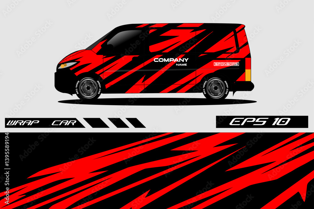 A vibrant, red and black wrapped van showcasing dynamic design elements on a plain background A vibrant, red and black wrapped van showcasing dynamic design elements on a plain background