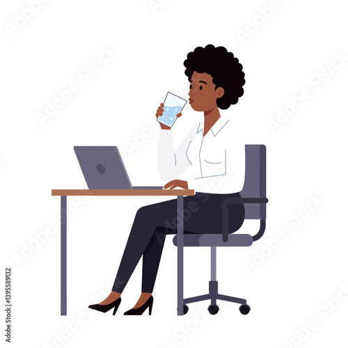 Refreshment at the Desk: An professional pauses at her desk, sipping a glass of refreshing water, accompanied by a laptop. A snapshot of serenity and mindful hydration.