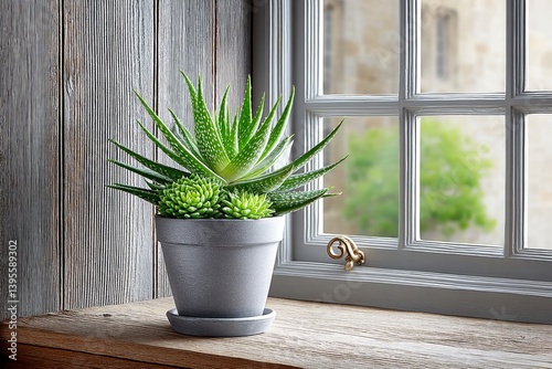 A pot of aloe vera growing healthily on a rustic windowsill