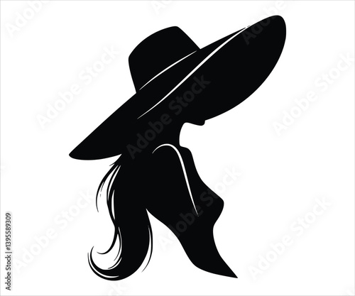 Outline of a stunning woman wearing a stylish hat. Vector graphic.