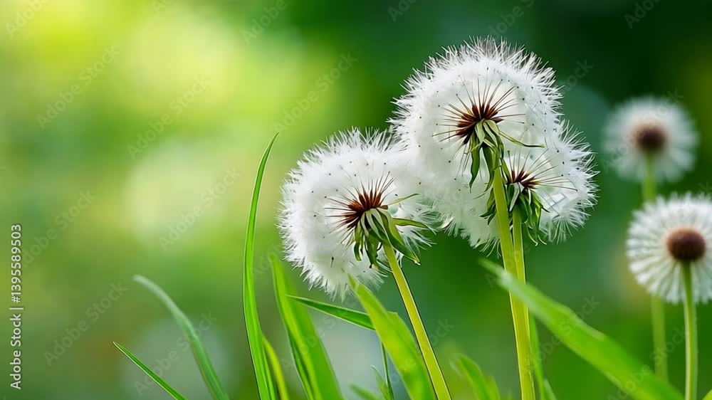 Three dandelion seed heads swaying gently in a vibrant green meadow with soft sunlight
