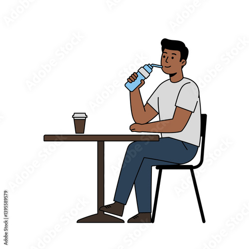 Hydration break : A person takes a refreshing sip of water from a bottle while taking a break near a table. A simple scene for relaxation and wellbeing.