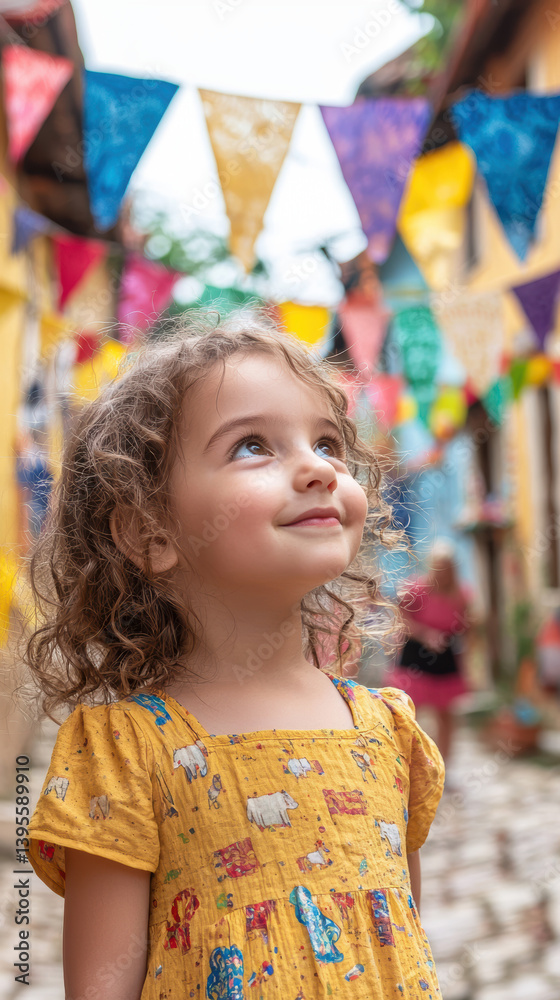 Fototapeta premium A charming toddler girl with curly brown hair looks up in awe at colorful festive bunting strung across a quaint cobblestone street.