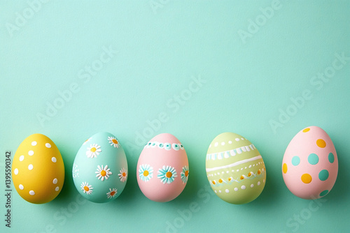 Decorated Easter Eggs Row, Spring Colors, Floral, Polka Dots, Mint Background