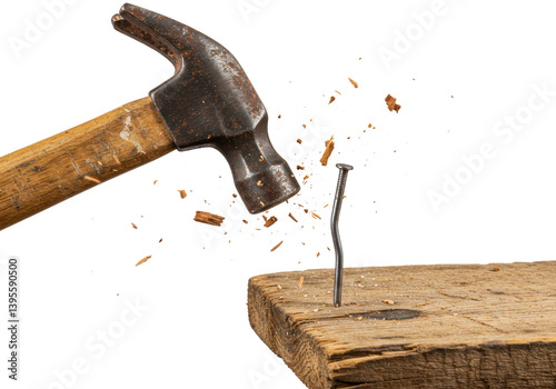 Isolated Hammer Impacting a Nail Bent in Wood