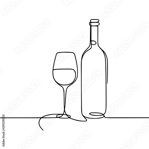 Single line art of a wine bottle and glass on a minimalistic background  