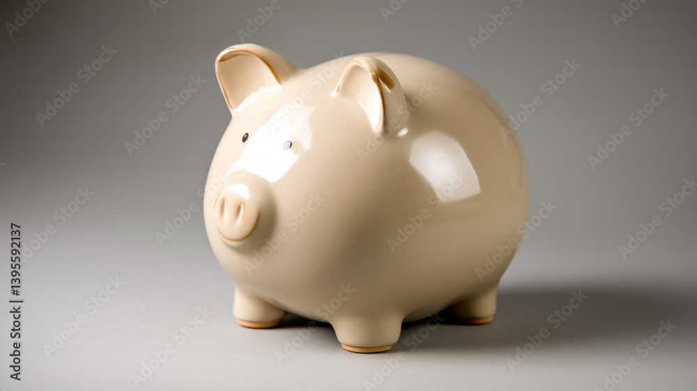 A glossy, tan-colored ceramic piggy bank stands on a gray surface, symbolizing savings, finances, and financial security. A glossy, tan-colored ceramic piggy bank stands on a gray surface, symbolizing savings, finances, and financial security.
