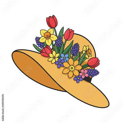 Floral Embellishment: An illustration showcases a whimsical sunhat gracefully adorned with an array of vibrant spring flowers, capturing the essence of seasonal charm and elegance.