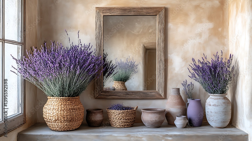Elegant rustic interior featuring lavender arrangements, textured wall, wooden framed mirror, and earthenware vases, creating a calming atmosphere.