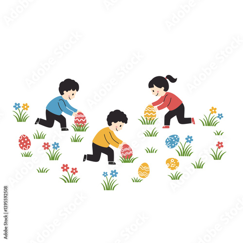 Easter Egg Hunt Fun: Children eagerly search for colorful eggs during an Easter egg hunt on a sunny day, celebrating the joy and tradition of spring.